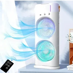 Remote Control Double Head Spray Cooling Fan – Adjustable Speeds & Mist Cooling
